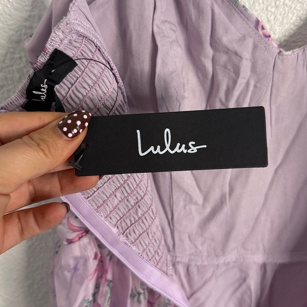 NWT-Lulus- Sweetest Emotion Lilac Floral Ruffled Tiered Bustier Midi Dress-small - Picture 14 of 16